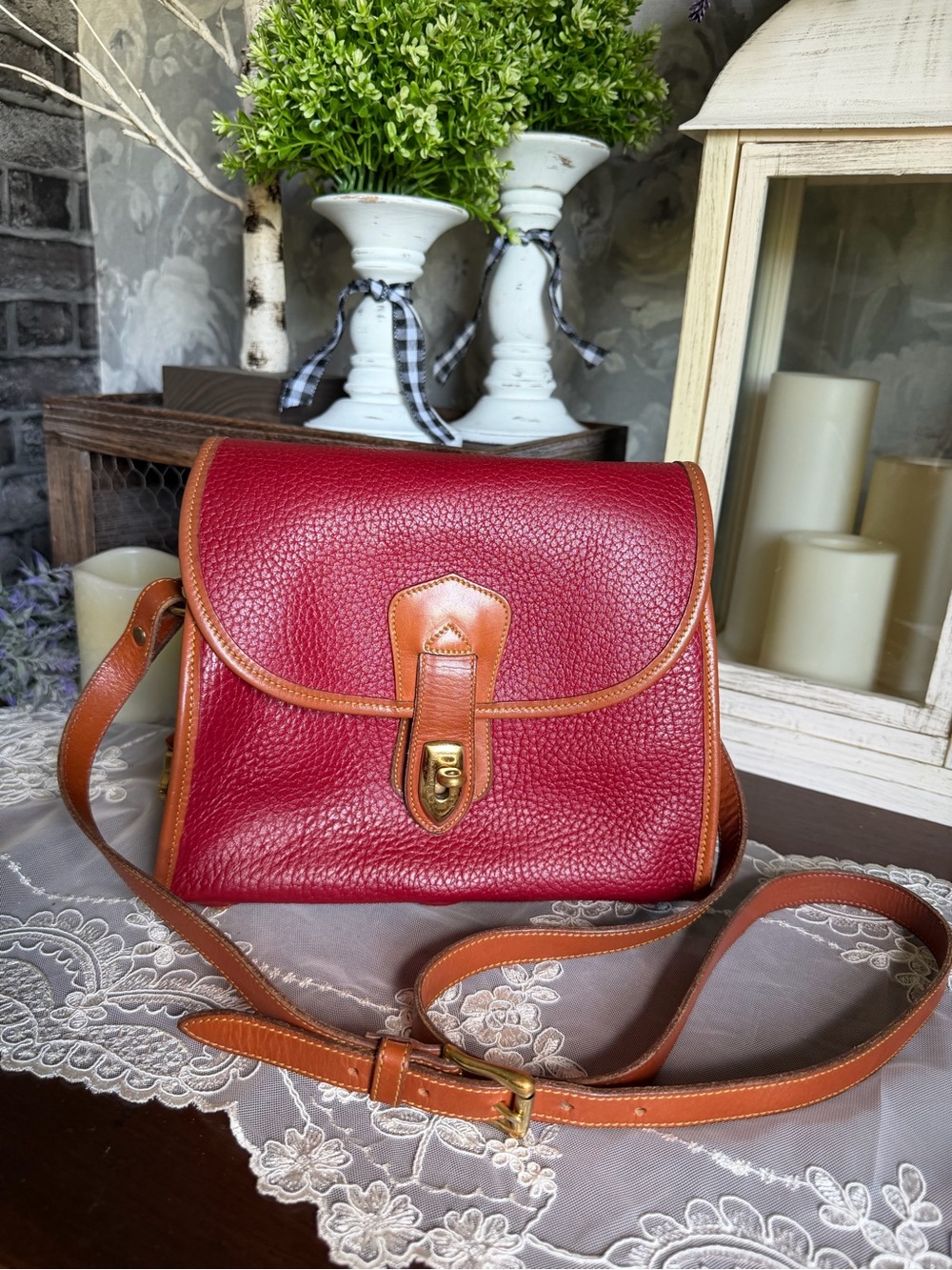 Vintage Dooney & Bourke Scarlet Red All Weather Equestrian Saddle Bag Purse